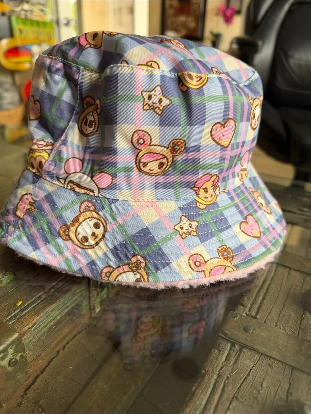 TOKIDOKI  reversible Pastel Plaid Character Bucket Hat with Cute Prints